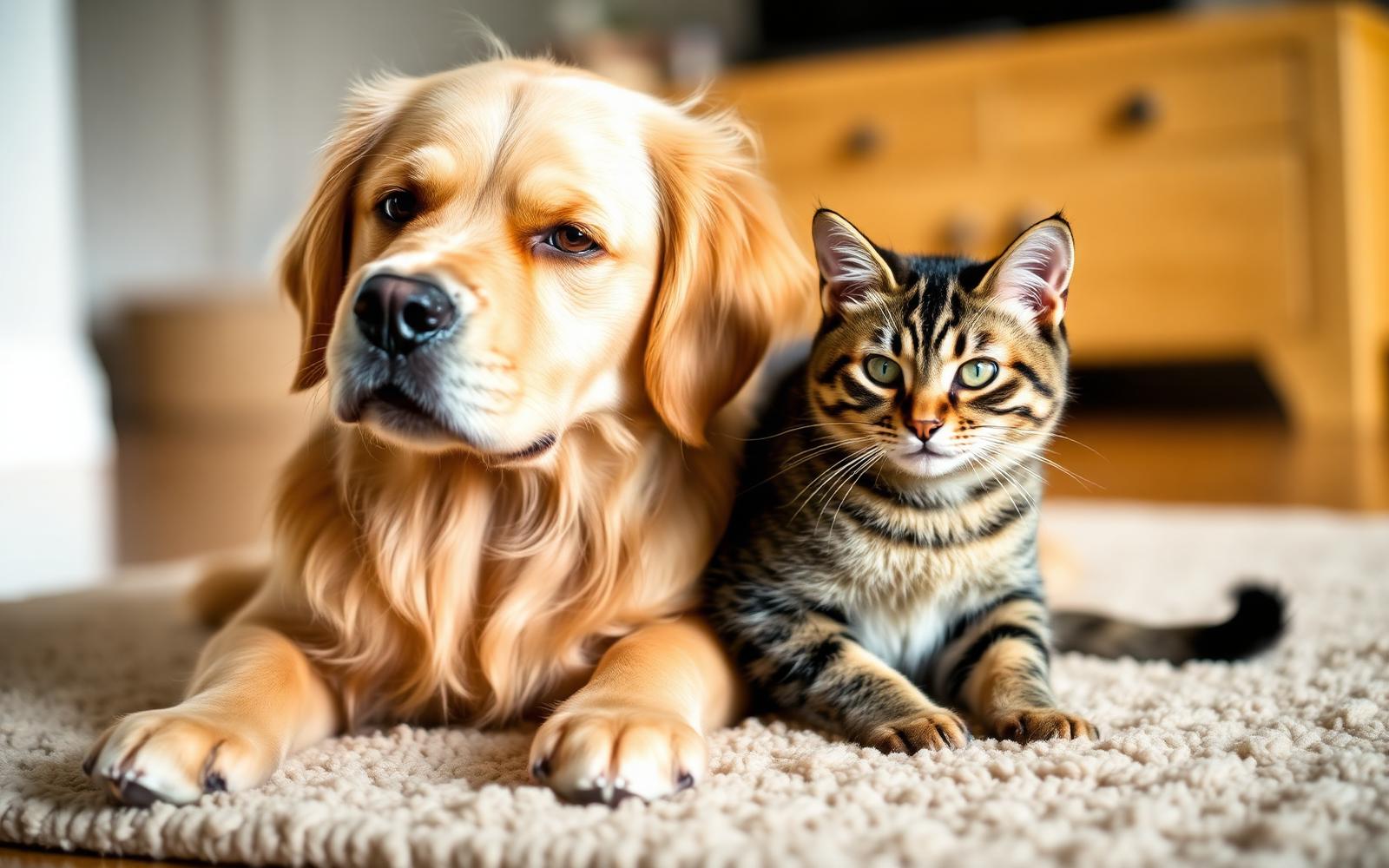 A golden retriever and a tabby cat resting together on a beige rug
