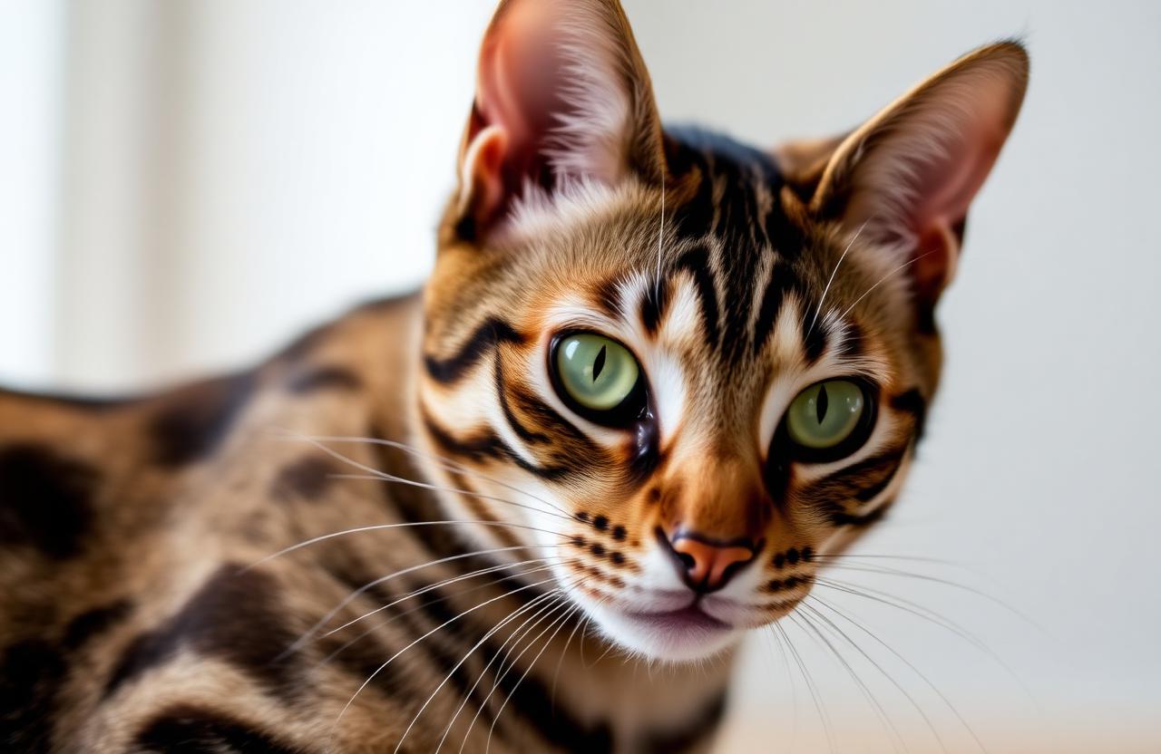 Spotted Bengal cat with bright green eyes in soft natural light