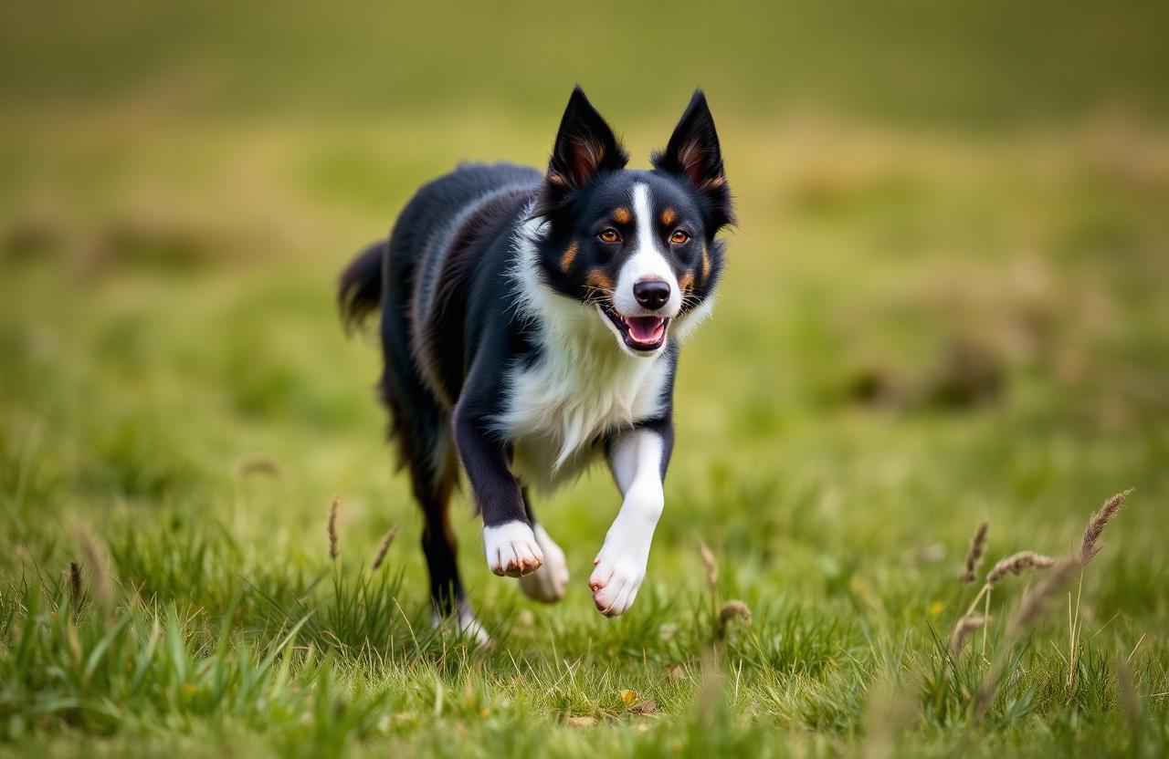 Black and white Border Collie running through a green grassy field