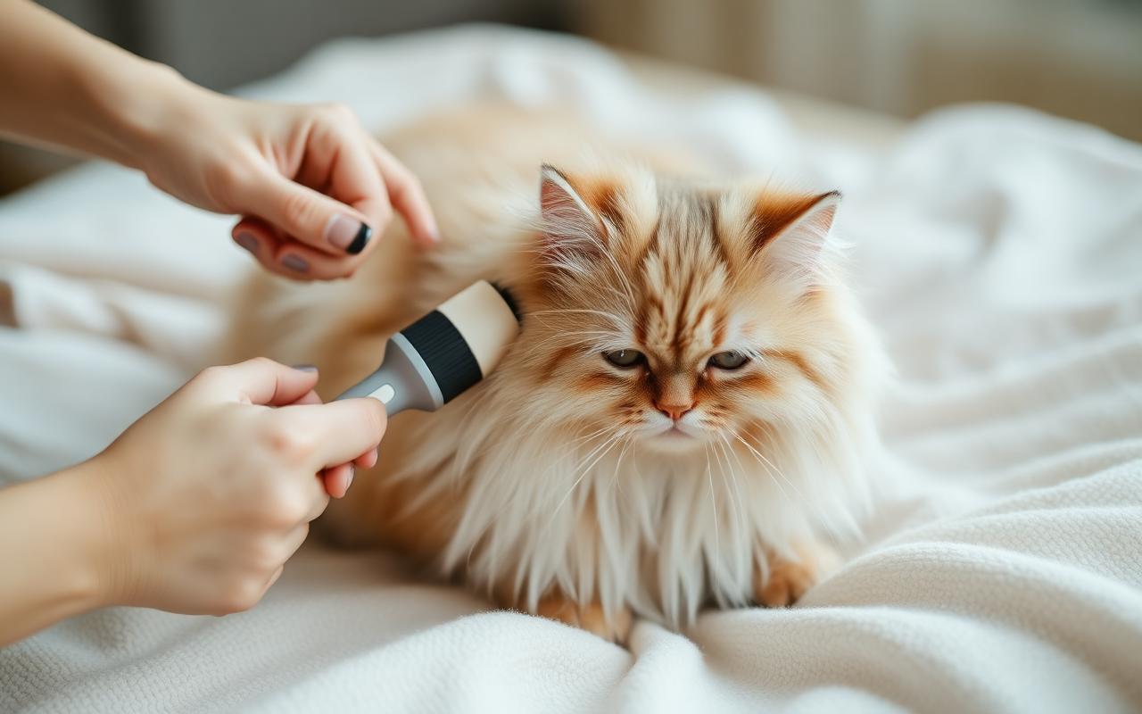 Long-haired cream cat being gently brushed on a soft white blanket