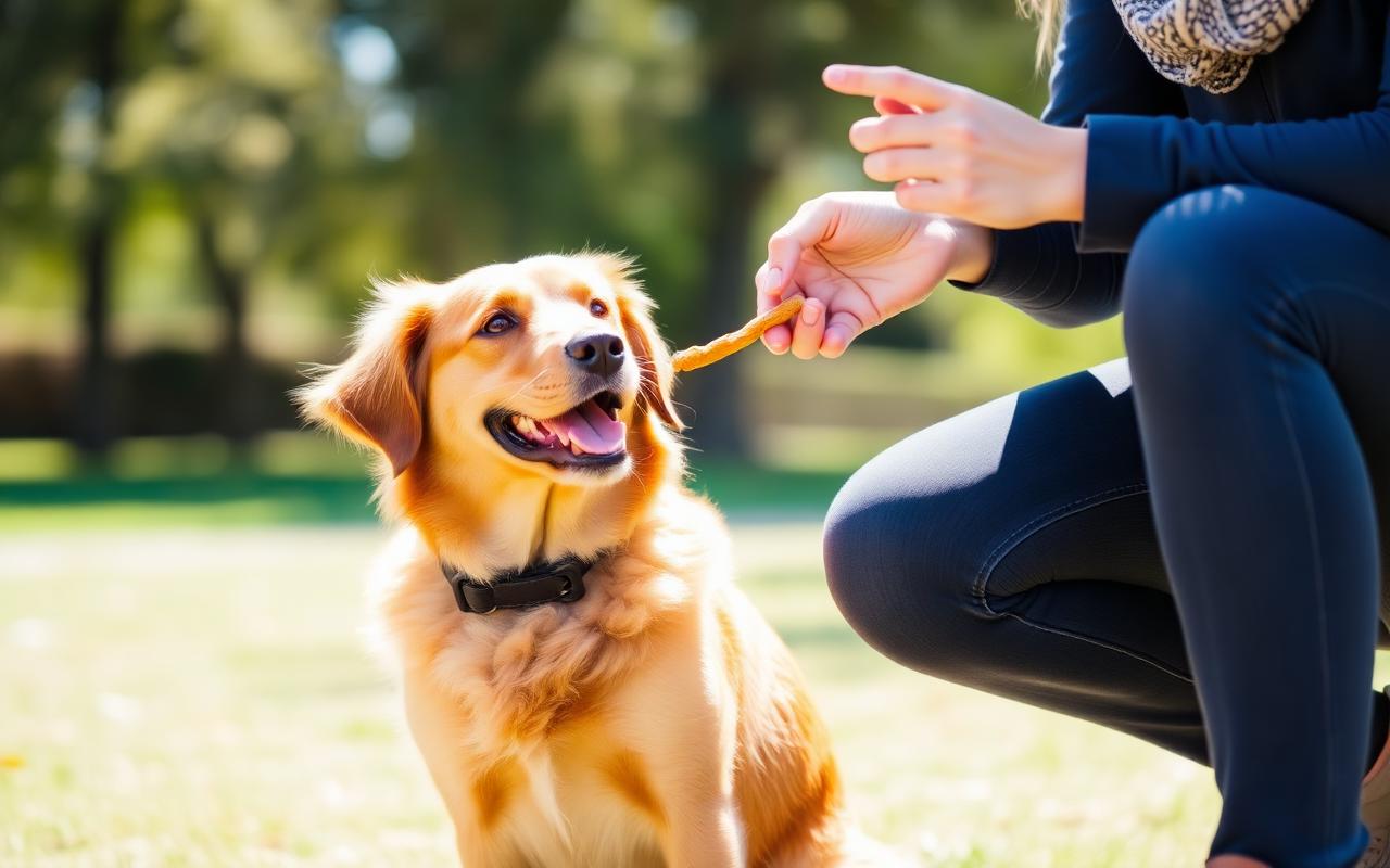 Happy dog sitting attentively while owner holds a clicker and treat in a sunny park