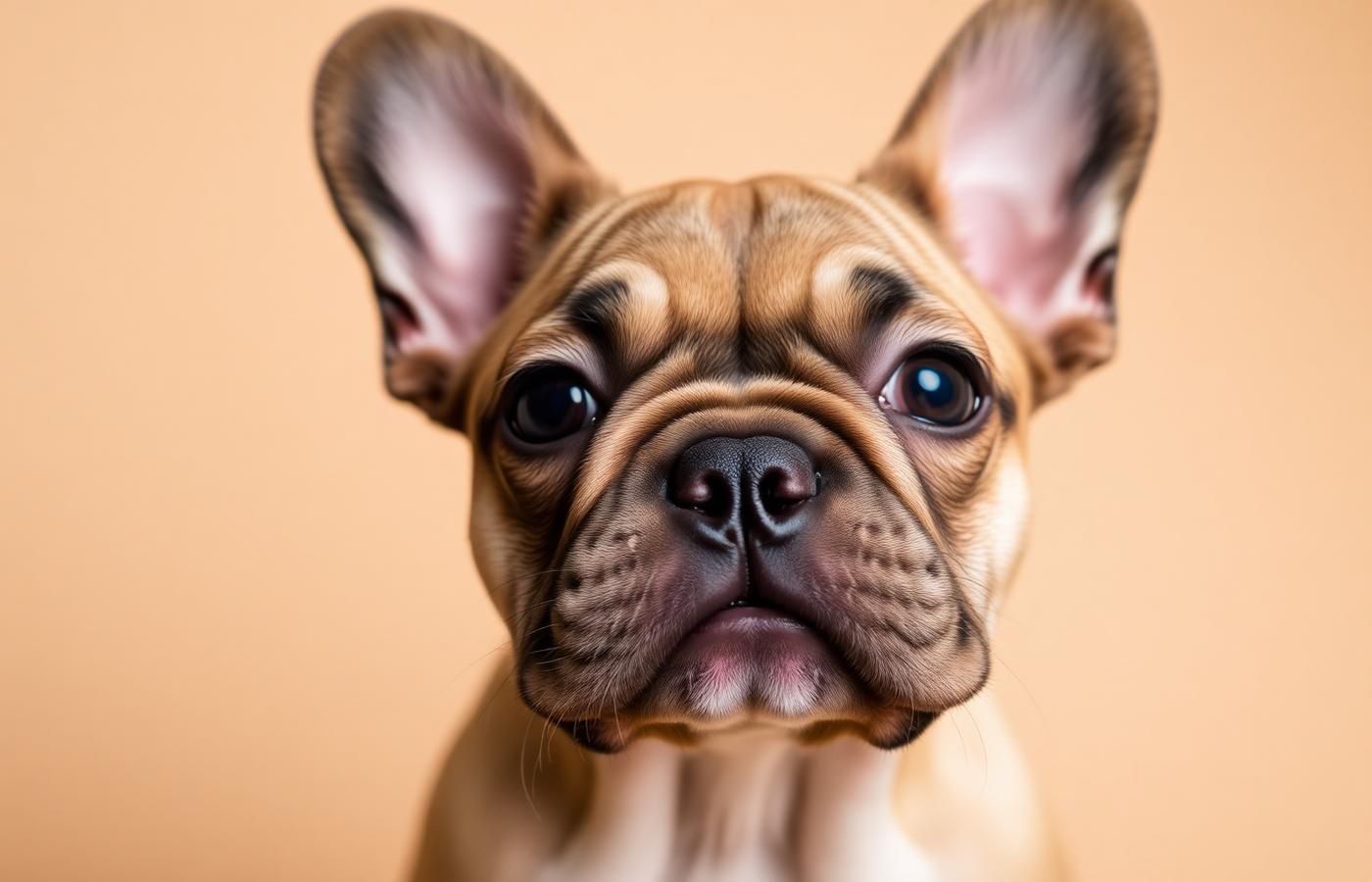 Fawn French Bulldog puppy with large bat ears looking at the camera
