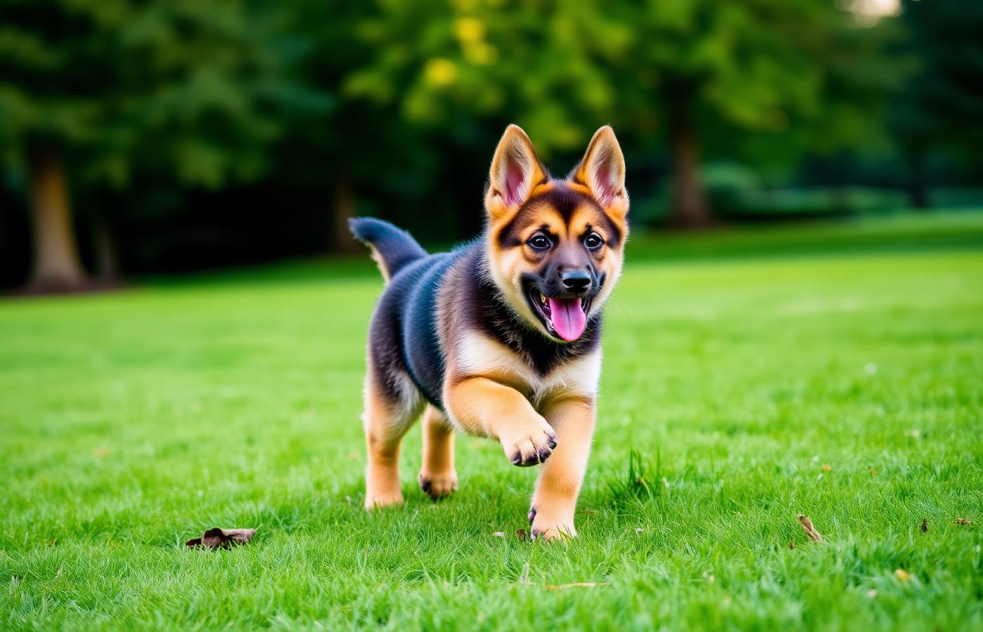 Black and tan German Shepherd puppy running on green grass in a park