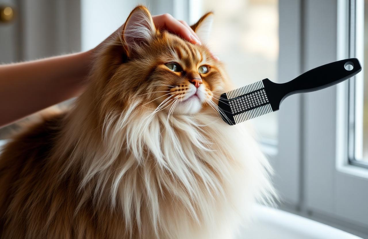 Long-haired ginger cat being gently combed near a sunny window