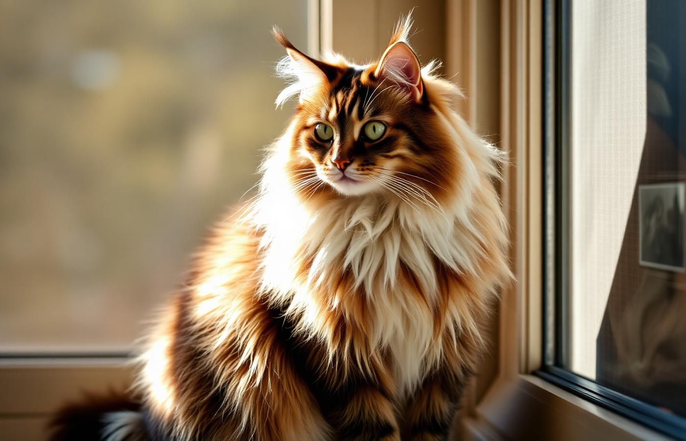 Long-haired tabby Maine Coon cat sitting in golden window light