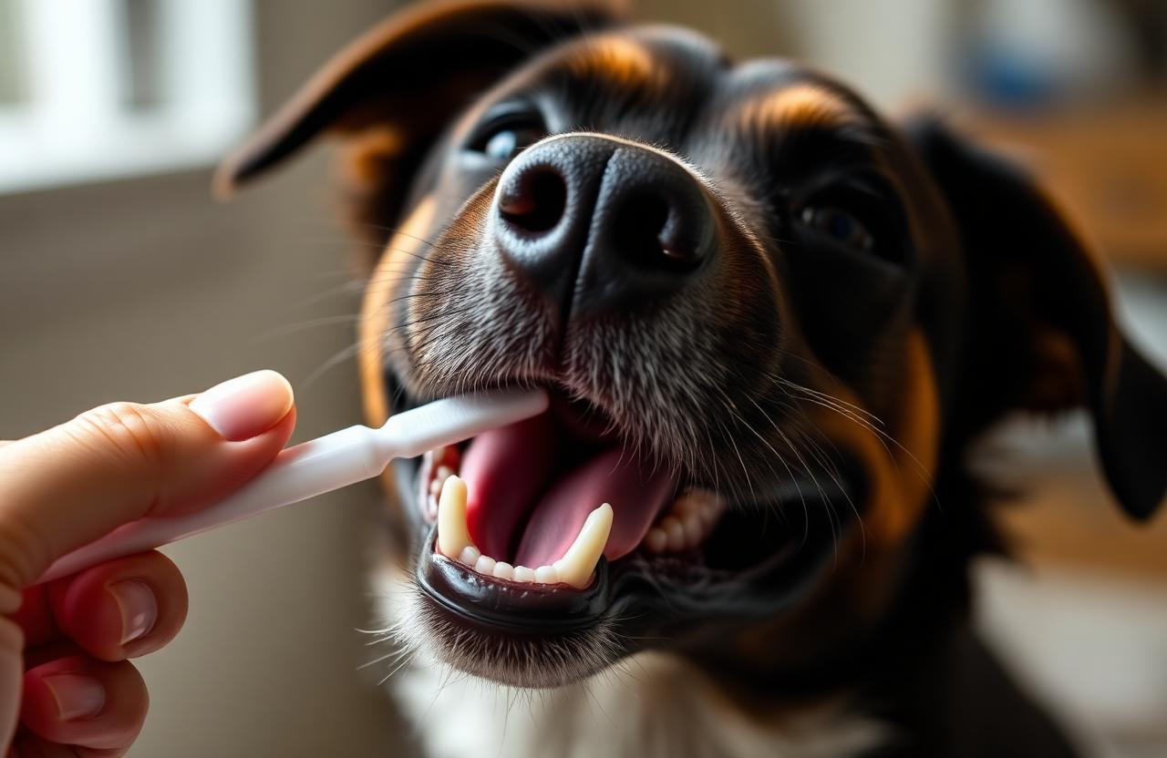 Owner brushing a happy dog's teeth with a pet toothbrush