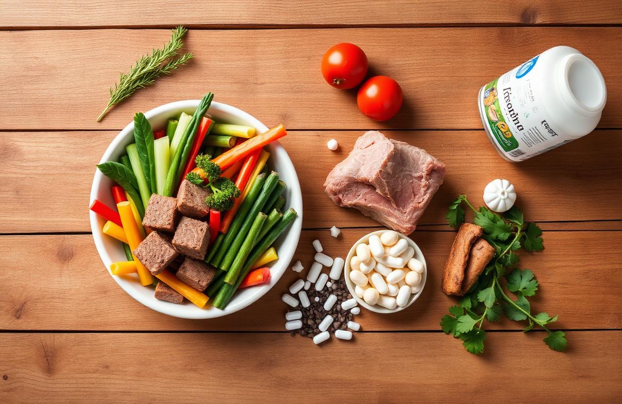 Bowl of fresh dog food with vegetables, lean meat and supplements on a wooden table