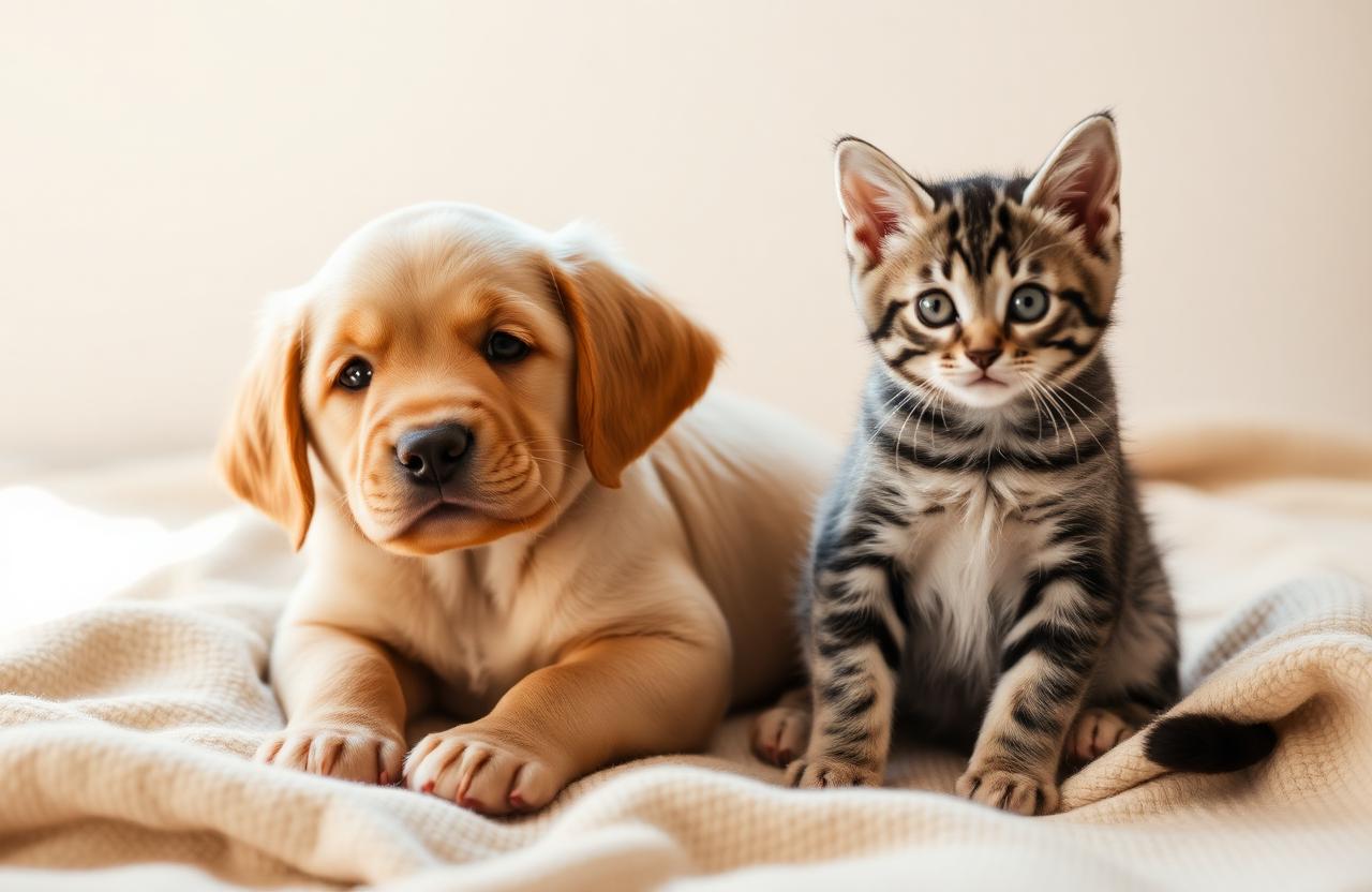 Golden retriever puppy and gray tabby kitten sitting together on a soft beige blanket
