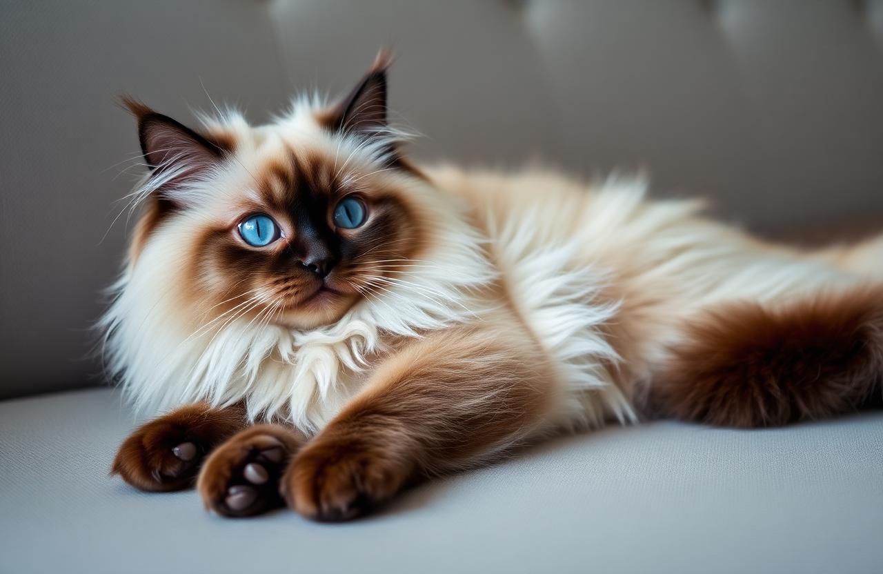 Fluffy seal-point Ragdoll cat with blue eyes relaxing on a sofa