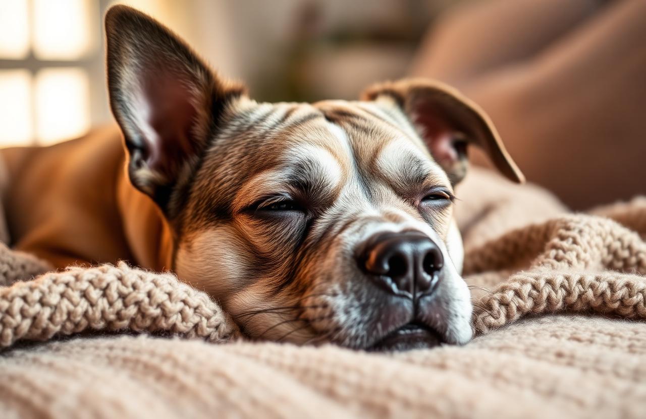 Senior dog with gray muzzle resting peacefully on a soft knit blanket