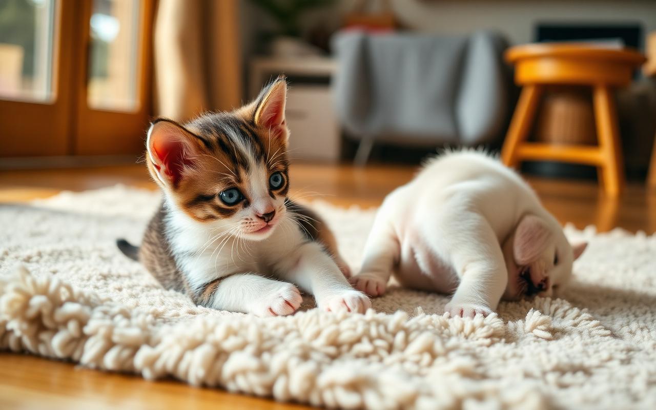 A small kitten and a puppy playing together on a soft rug in a sunny living room